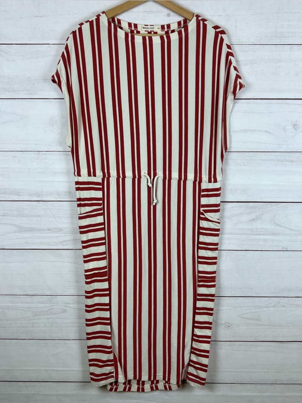 Marine Layer Lola Cocoon Dress Size XS Cap Sleeve Red White Stripe Pockets